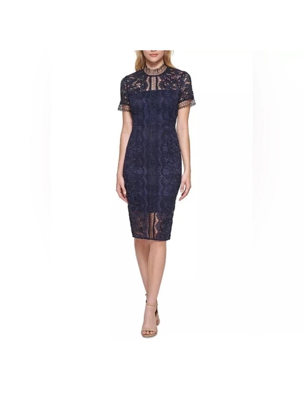 Eliza J Navy Lace Midi Dress with High Neck NWT